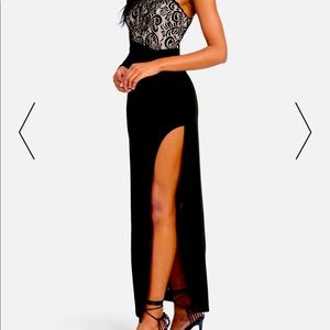 BEBE ONE SHOULDER MESH INSET GOWN